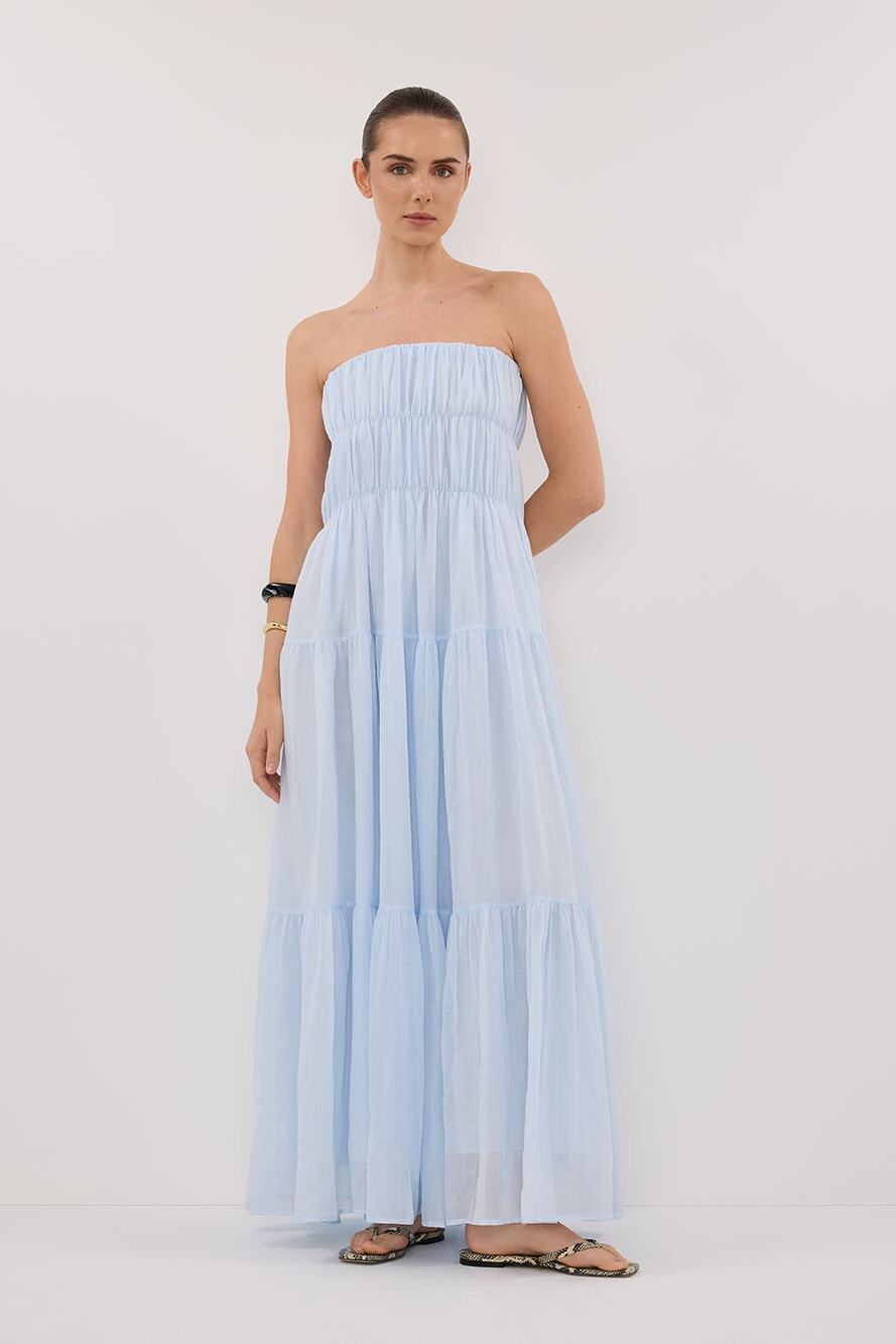 NWT DISSH Artie Cornflower Blue Ramie Strapless Tiered Midi Dress US 6